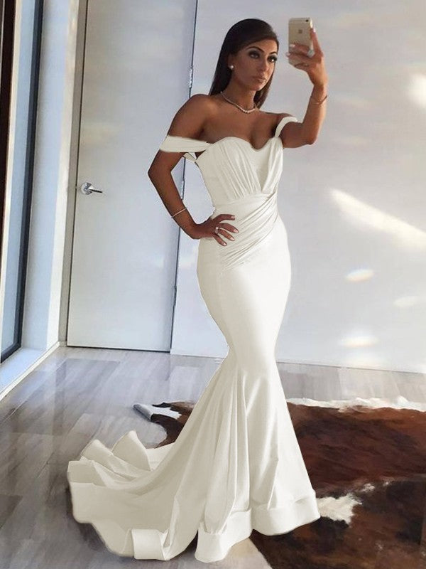 Mermaid Sleeveless Off-the-Shoulder Sweep Train Ruffles Spandex Dresses