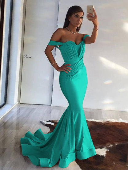 Mermaid Sleeveless Off-the-Shoulder Sweep Train Ruffles Spandex Dresses