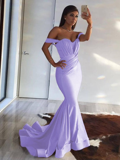 Mermaid Sleeveless Off-the-Shoulder Sweep Train Ruffles Spandex Dresses