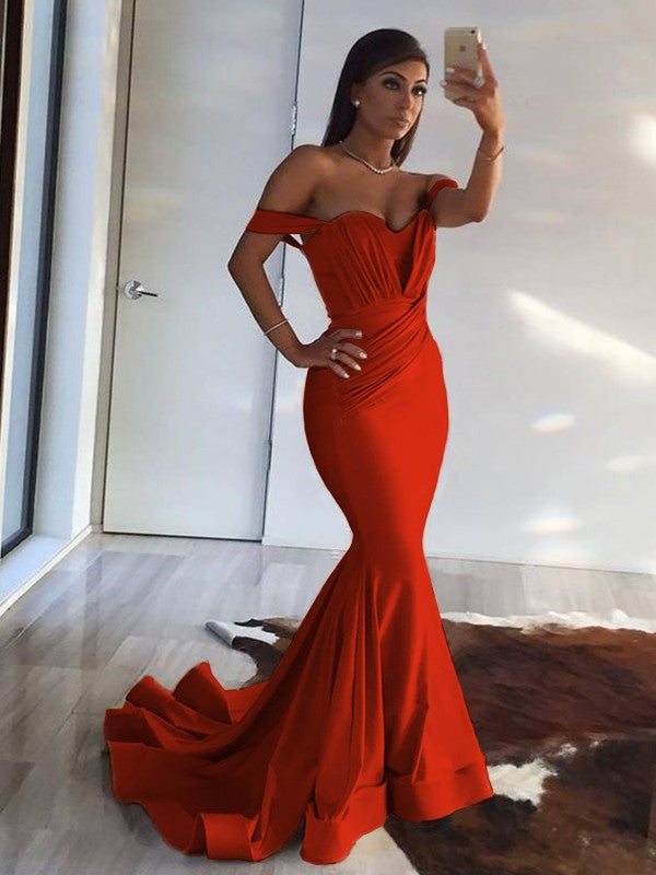 Mermaid Sleeveless Off-the-Shoulder Sweep Train Ruffles Spandex Dresses
