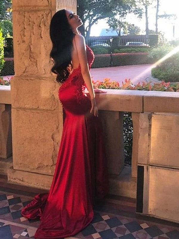 Sleeveless Spaghetti Straps Sweep/Brush Train Applique Silk like Satin Dresses