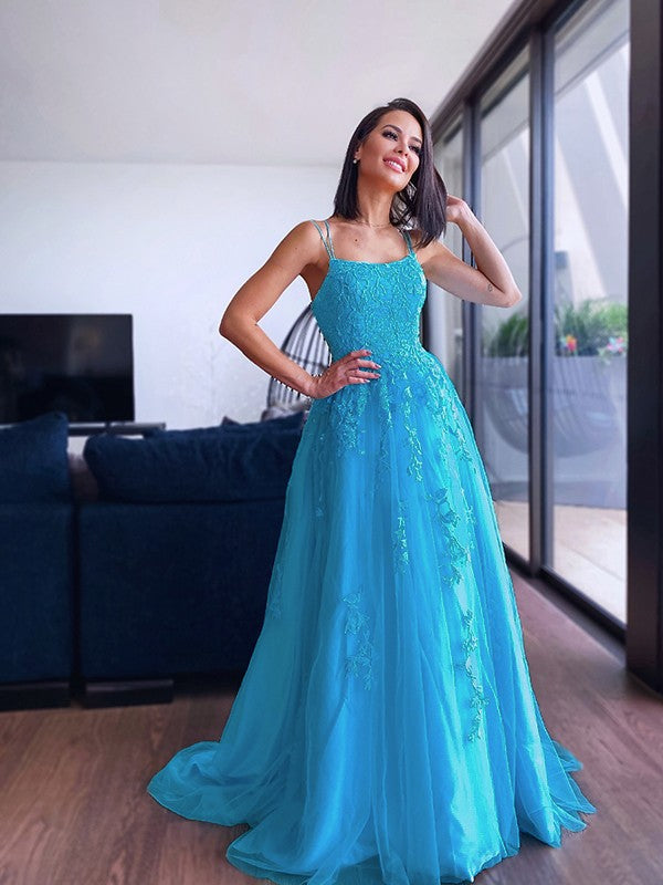 Straps Tulle Sleeveless Applique Sweep/Brush Train Dresses