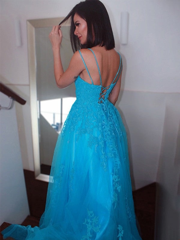 Straps Tulle Sleeveless Applique Sweep/Brush Train Dresses