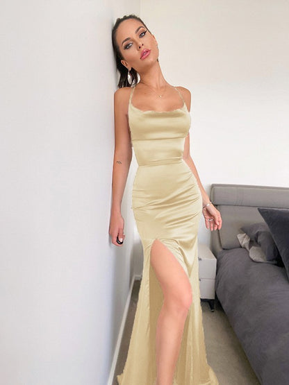 Satin Ruched Sleeveless Halter Sweep/Brush Train Dresses