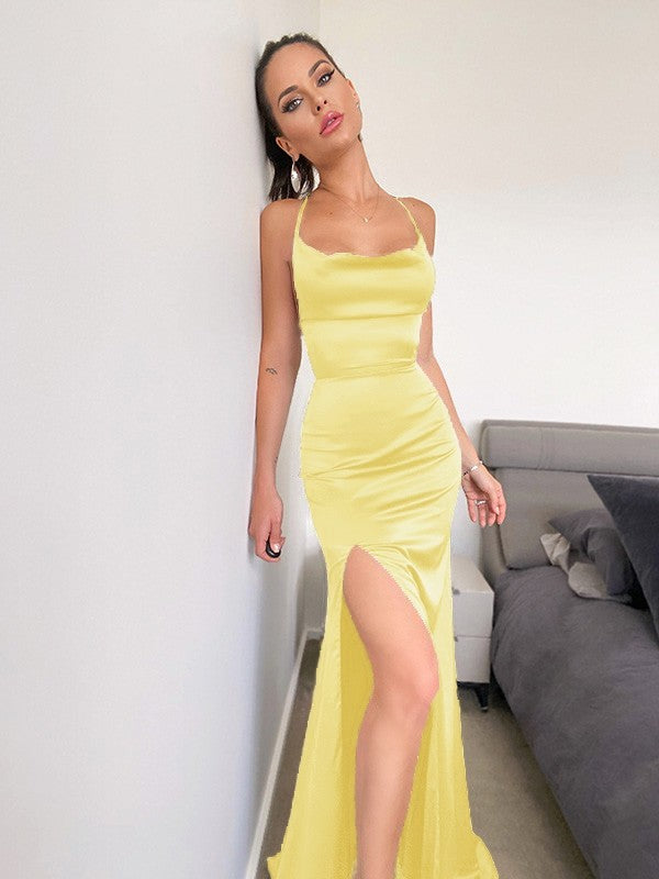 Satin Ruched Sleeveless Halter Sweep/Brush Train Dresses