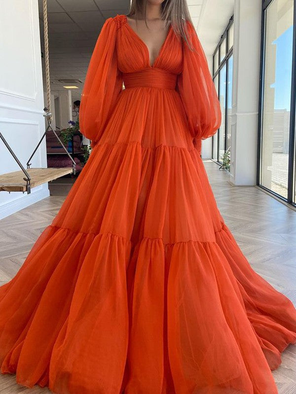 A-Line Brush Train V-neck Long Sleeves Chiffon Ruffles Dresses