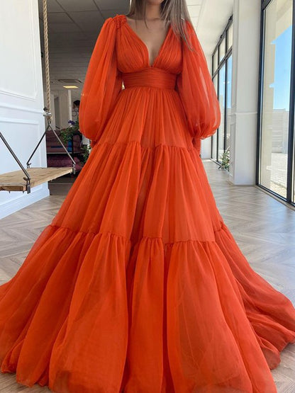 A-Line Brush Train V-neck Long Sleeves Chiffon Ruffles Dresses