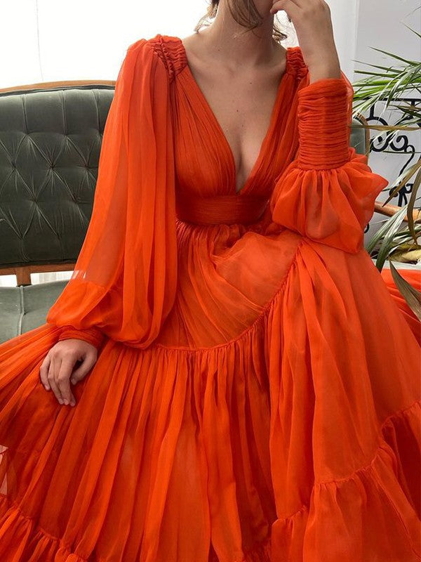 A-Line Brush Train V-neck Long Sleeves Chiffon Ruffles Dresses