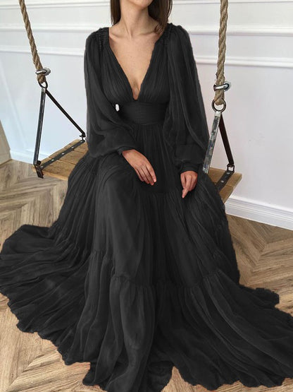 A-Line Brush Train V-neck Long Sleeves Chiffon Ruffles Dresses