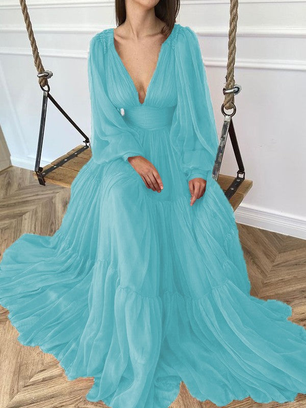 A-Line Brush Train V-neck Long Sleeves Chiffon Ruffles Dresses
