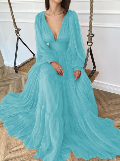 A-Line Brush Train V-neck Long Sleeves Chiffon Ruffles Dresses