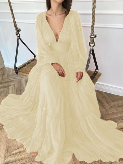 A-Line Brush Train V-neck Long Sleeves Chiffon Ruffles Dresses