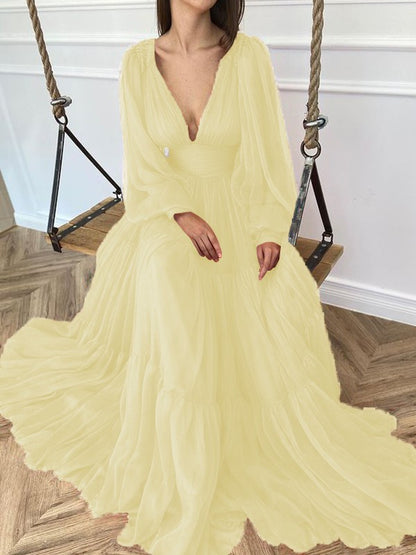 A-Line Brush Train V-neck Long Sleeves Chiffon Ruffles Dresses