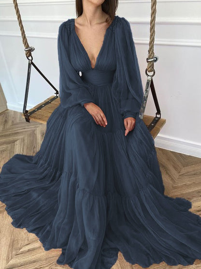 A-Line Brush Train V-neck Long Sleeves Chiffon Ruffles Dresses