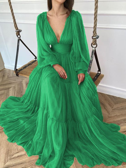 A-Line Brush Train V-neck Long Sleeves Chiffon Ruffles Dresses