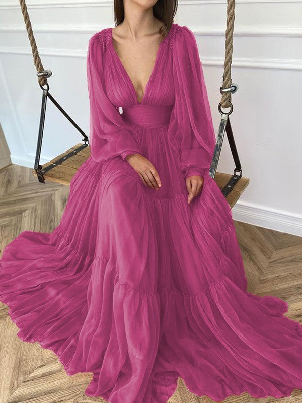 A-Line Brush Train V-neck Long Sleeves Chiffon Ruffles Dresses