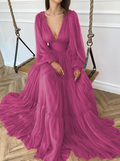 A-Line Brush Train V-neck Long Sleeves Chiffon Ruffles Dresses