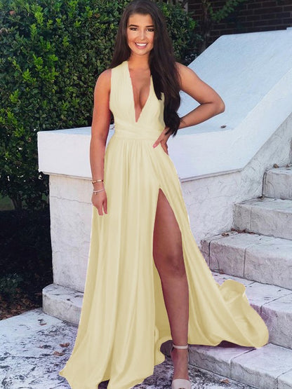 Train V-neck Sleeveless Silk Like Satin Ruffles Dresses