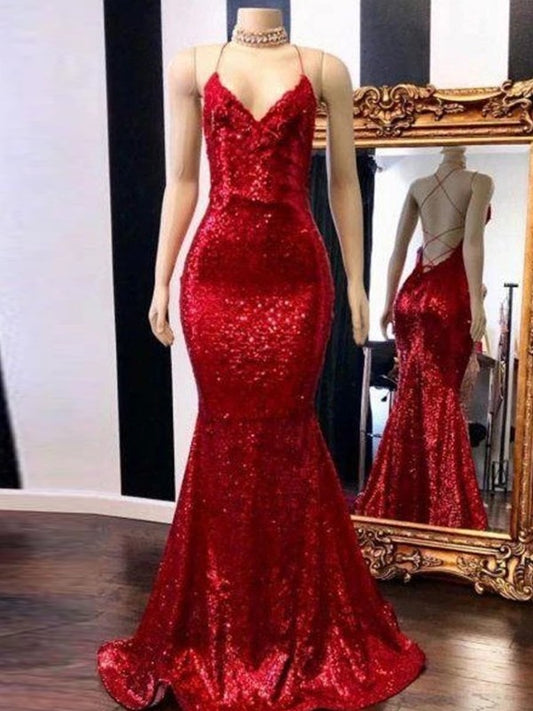 Mermaid Sweep/Brush Train Spaghetti Straps Sleeveless Sequins Dresses