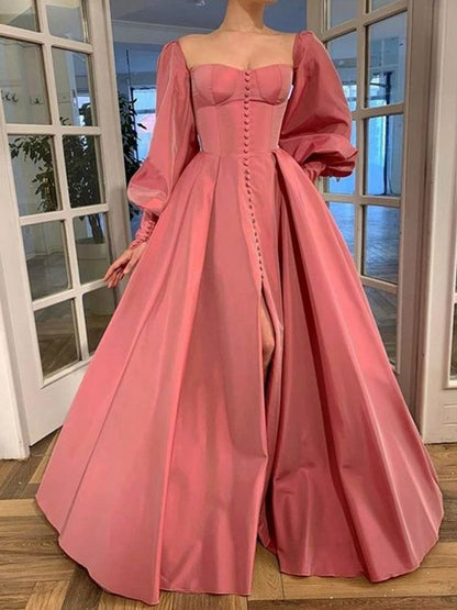 Long Sleeves Square Ruffles Satin Floor-Length Dresses