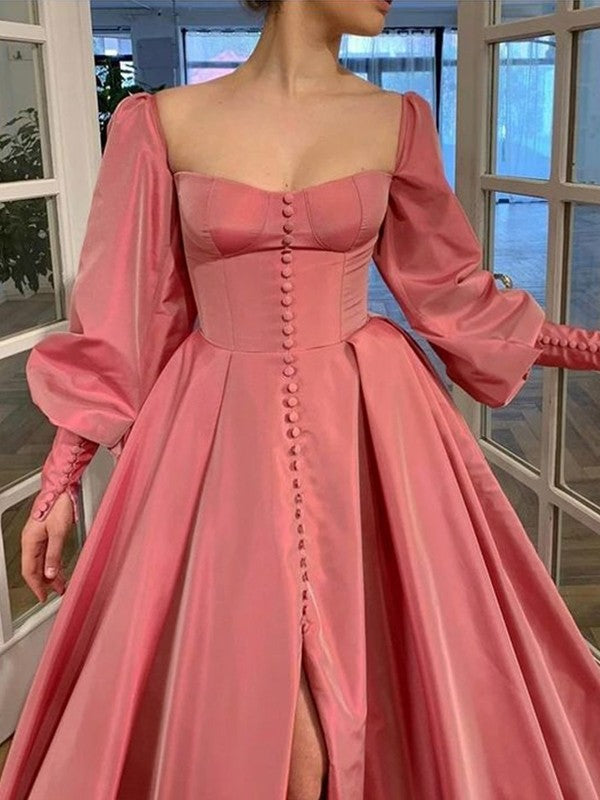 Long Sleeves Square Ruffles Satin Floor-Length Dresses