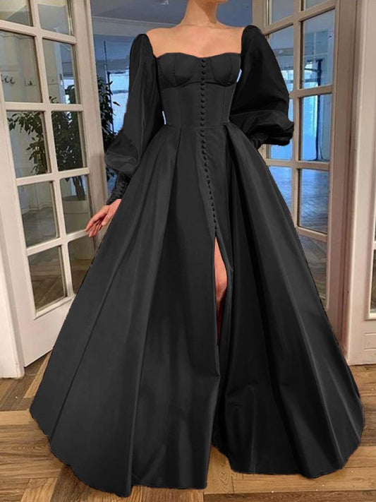 Long Sleeves Square Ruffles Satin Floor-Length Dresses