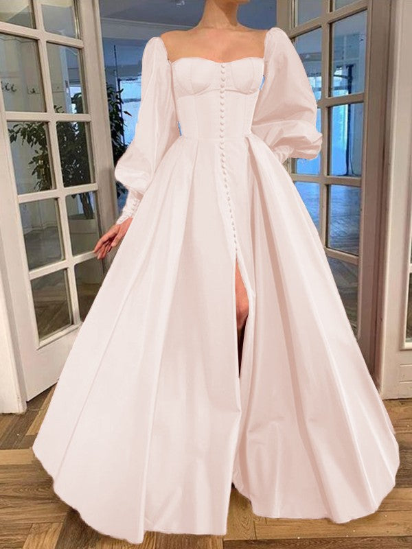 Long Sleeves Square Ruffles Satin Floor-Length Dresses