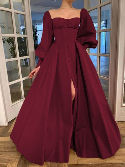 Long Sleeves Square Ruffles Satin Floor-Length Dresses