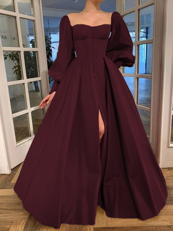 Long Sleeves Square Ruffles Satin Floor-Length Dresses