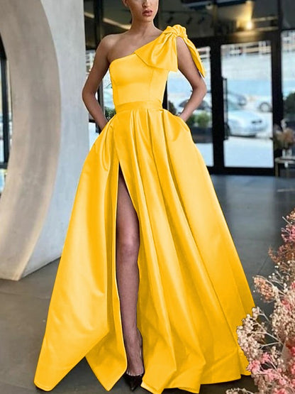 Satin One-Shoulder Ruffles Sleeveless Sweep/Brush Train Dresses