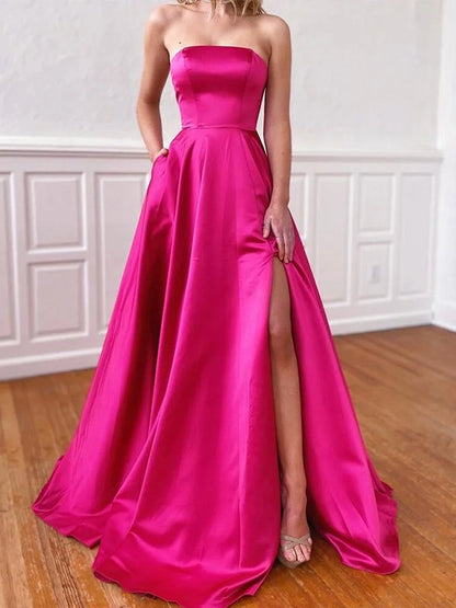 Satin Ruffles Strapless Sleeveless Sweep/Brush Train Dresses