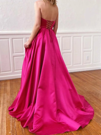 Satin Ruffles Strapless Sleeveless Sweep/Brush Train Dresses