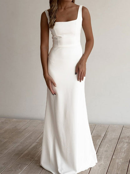 Crepe Ruffles Straps Sleeveless Floor-Length Wedding Dresses