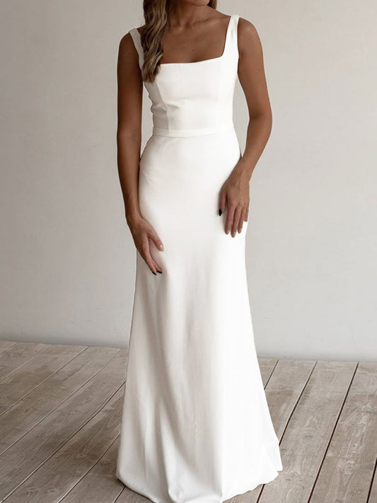 Crepe Ruffles Straps Sleeveless Floor-Length Wedding Dresses