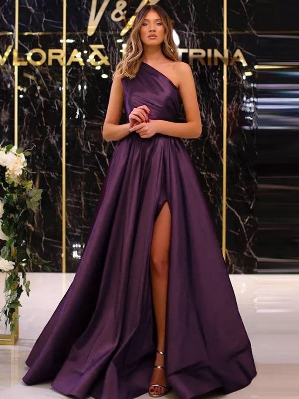 Satin Ruffles One-Shoulder Sleeveless Sweep/Brush Train Dresses