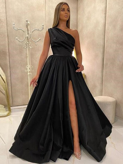 Satin Ruffles One-Shoulder Sleeveless Sweep/Brush Train Dresses
