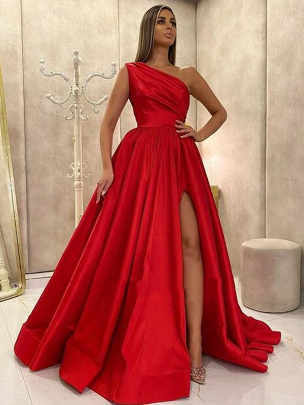 Satin Ruffles One-Shoulder Sleeveless Sweep/Brush Train Dresses