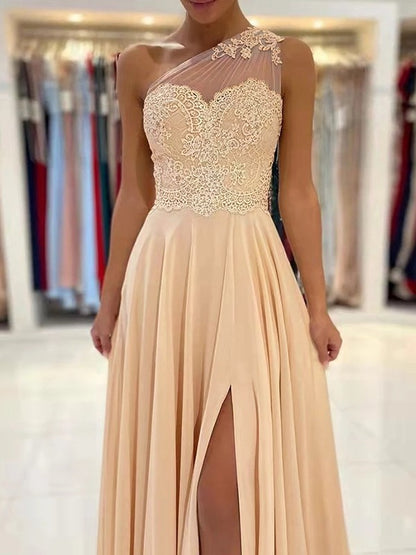 A-Line Chiffon Lace One-Shoulder Sleeveless Sweep/Brush Train Dresses