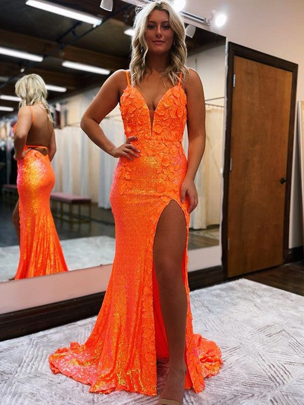 Sheath Sequins Hand-Made Flower V-neck Sleeveless Sweep/Brush Train Dresses