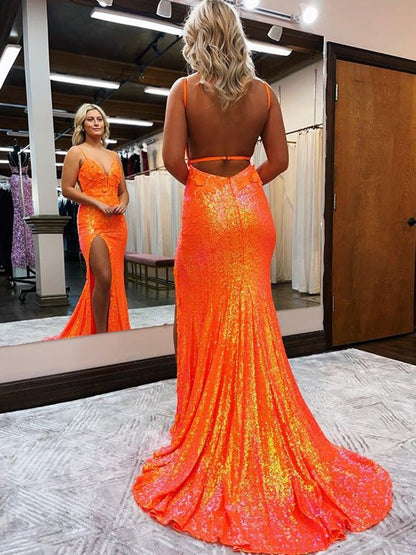 Sheath Sequins Hand-Made Flower V-neck Sleeveless Sweep/Brush Train Dresses