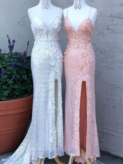 Sheath Sequins Hand-Made Flower V-neck Sleeveless Sweep/Brush Train Dresses