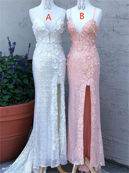 Sheath Sequins Hand-Made Flower V-neck Sleeveless Sweep/Brush Train Dresses