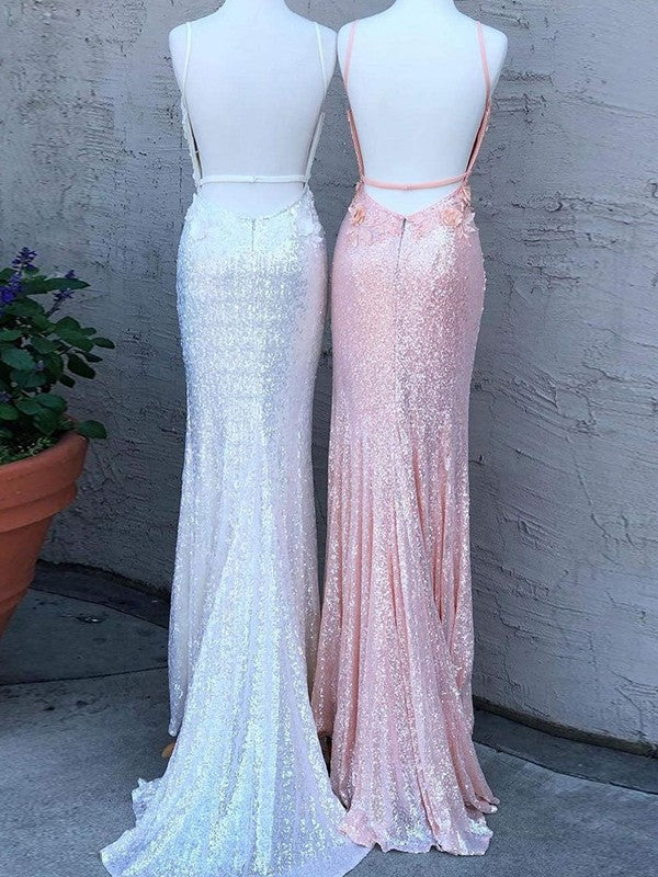 Sheath Sequins Hand-Made Flower V-neck Sleeveless Sweep/Brush Train Dresses