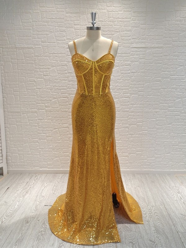 Sequins Spaghetti Straps Sleeveless Sweep/Brush Train Dresses