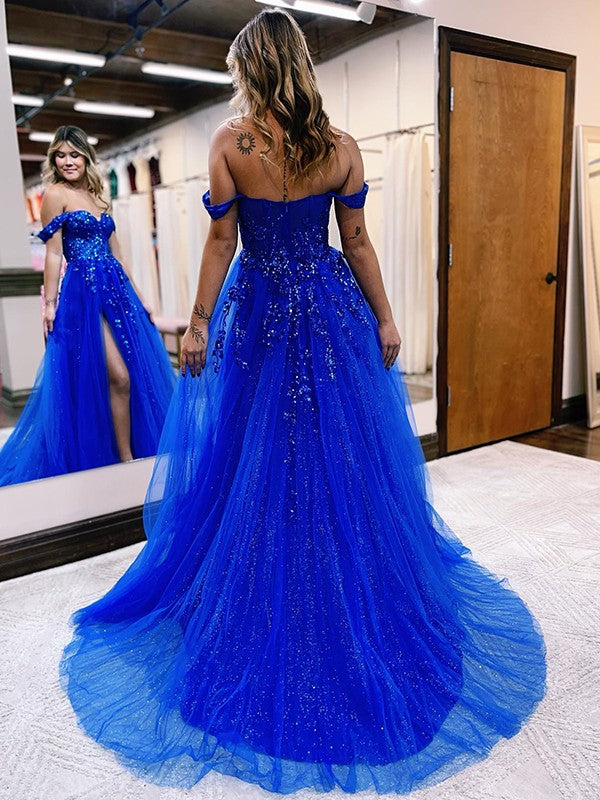 A-Line Tulle Applique Off-the-Shoulder Sleeveless Sweep/Brush Train Dresses