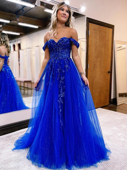 A-Line Tulle Applique Off-the-Shoulder Sleeveless Sweep/Brush Train Dresses