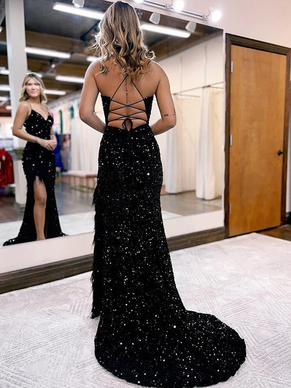 Sequins Feathers/Fur V-neck Sleeveless Sweep/Brush Train Dresses