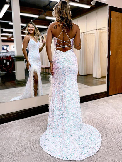 Sequins Feathers/Fur V-neck Sleeveless Sweep/Brush Train Dresses