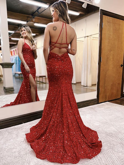 V-neck Sleeveless Sweep/Brush Train Velvet Sequins Dresses