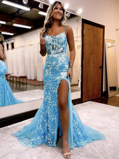 Lace Applique Spaghetti Straps Sleeveless Sweep/Brush Train Dresses